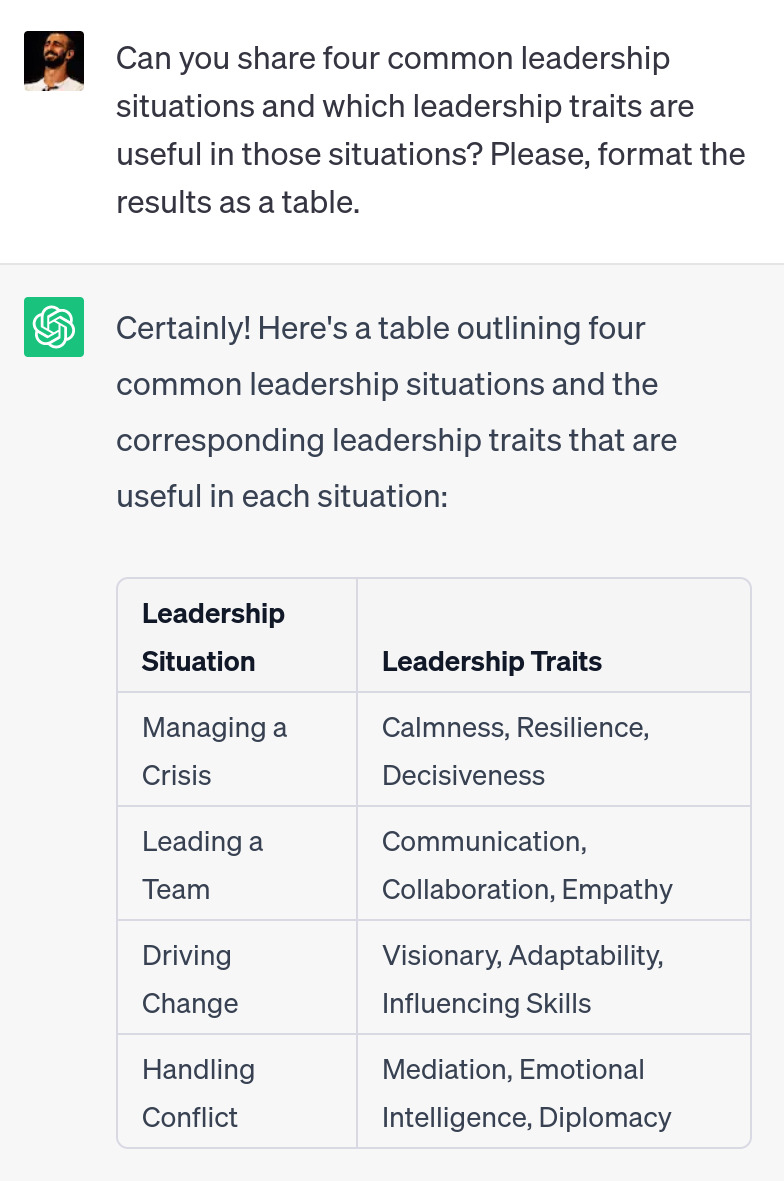 Screenshot from ChatGPT, table of leadership skills example