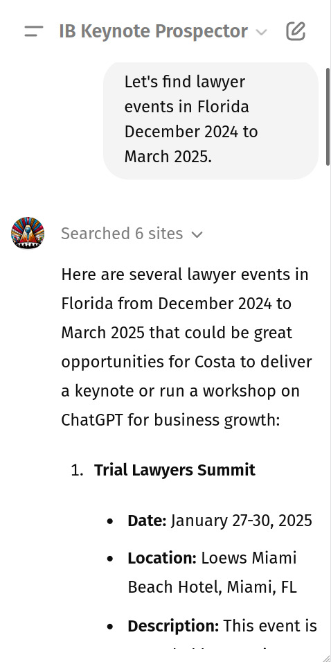 Screenshot from ChatGPT, Keynote Prospecting tool