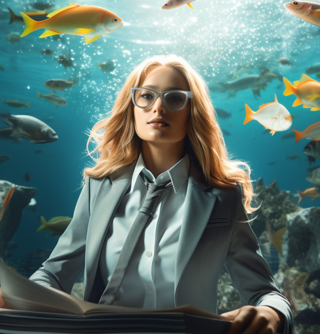 Businesswomen in a suit underwater among gorgeous sealife