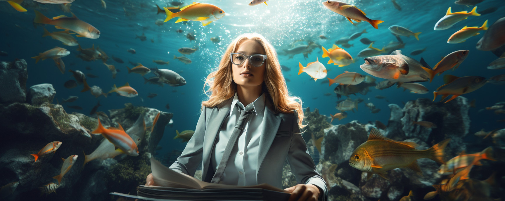 Businesswomen in a suit underwater among gorgeous sealife